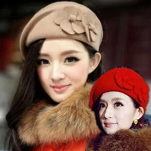 韩版可爱时尚双花春秋冬天贝雷帽羊毛呢帽鸭舌帽女帽子女英伦礼帽