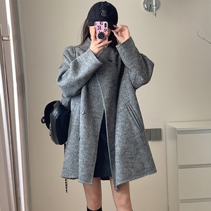 羊毛中长款毛呢外套女秋冬设计感宽松廓形西装双面呢高级灰色大衣