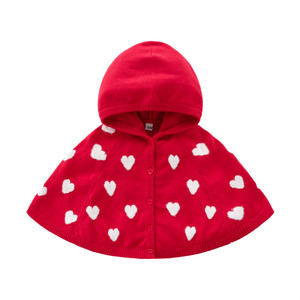 韩范童装女童红色爱心针织披风洋气毛线衫春季新款英伦风连帽斗篷