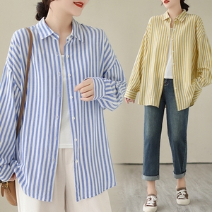 韩版气质竖条纹棉麻长袖衬衫女秋季宽松显瘦设计感小众外搭衬衣潮