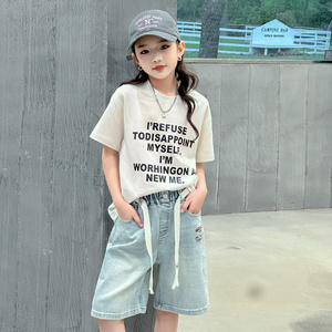 女童字母短袖套装韩版小女孩牛仔短裤洋气百搭T恤潮酷时髦上衣