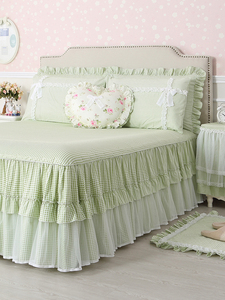 巧致全棉带裙边床单单件床裙蕾丝花边绿色纯棉床罩三件套床盖公主