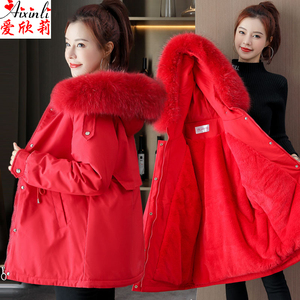 红色棉服2020年新款冬季加绒棉袄大码派克服大毛领韩版外套女冬潮
