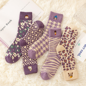 MISSZUING冬季袜子 女袜 加厚紫色组棉毛圈袜 刺绣卡通保暖袜