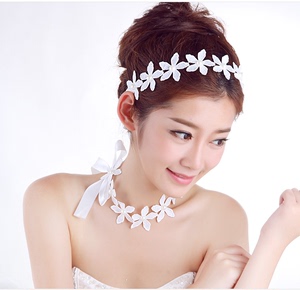 韩国新娘复古珍珠蕾丝布艺花朵发带发箍脖颈链项链两用婚纱配饰品