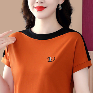 韩国橙红短袖T恤女夏2024新款洋气漂亮气质百搭优雅冰丝显瘦上衣