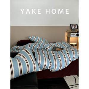 YAKEHOME【玛德琳港】A类全棉针织棉四件套蓝条纹天竺棉纯棉床单