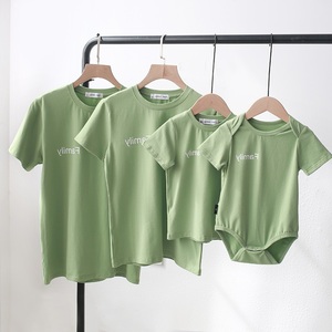 2024夏新款亲子装短袖绿色一家三口四口婴儿爬服网红父女母子T恤