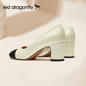 红蜻蜓高跟鞋女2024年新款粗跟撞色复古浅口单鞋撞色小香风鞋子