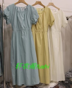 milk653泡泡袖连衣裙女夏季新款法式收腰短袖连衣裙纯色垂感长裙