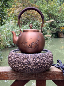 纯铜茶壶手工烧水壶紫铜刻字复古老铜壶电陶炉煮水套装功夫泡茶壶