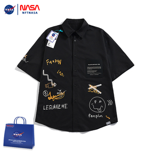 NFT NASA联名港风美式休闲短袖衬衫男夏季宽松翻领个性印花体恤衬