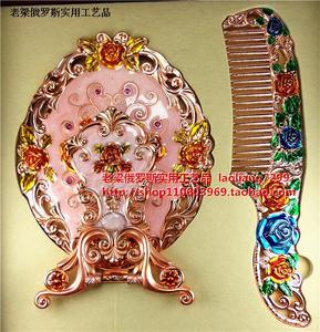 ZR-1俄罗斯锡金属镜梳套装玫瑰金色镜子梳子可立式椭圆三朵玫瑰花