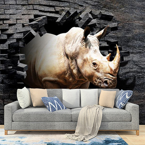 立体逼真动物破墙壁画老虎熊猫壁纸客厅沙发犀牛狮子大象背景墙纸