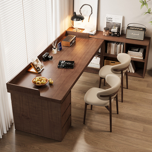 北欧书房靠墙书桌书柜一体抽屉实木双人长条桌家用卧室简约办公桌