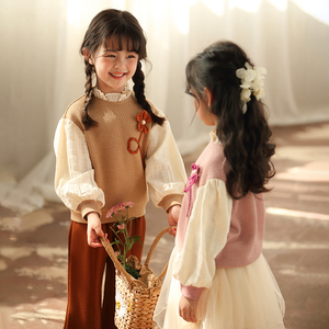 女童卫衣2024秋季新款小众设计中大童针织拼接立体花朵韩版卫衣