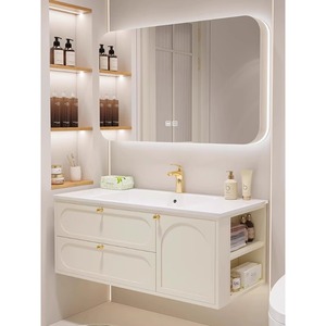 实木轻法式奶油风陶瓷一体盆浴室镜柜组合现代简约卫浴洗手脸盆柜