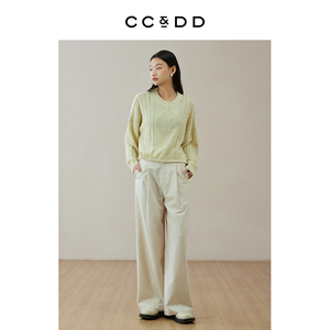 CCDD2024春季新款女装时尚落肩宽松版型嫩黄色镂空圆领针织套衫