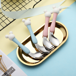 304不锈钢儿童餐具弯头勺叉套装辅食卡通歪把宝宝学吃饭训练勺子