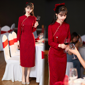 秋冬季女装新中式国风红色立领盘扣旗袍连衣裙修身中长款新娘礼服