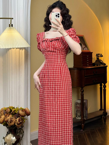 夏装法式复古方领泡泡袖连衣裙女2024新款高级感时尚气质格子长裙