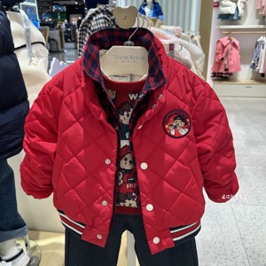 小熊童装男童棉服春秋2023新年红儿童立领衬衫假两件棉衣棉袄外套
