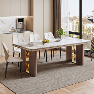 轻奢岩板现代大户型简约别墅高端家用极简亮光长方形餐桌椅子组合