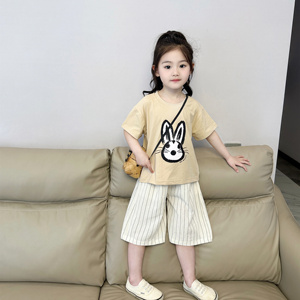 韩版女童夏装儿童洋气薄款短袖T桖套装5女孩夏季棉麻阔腿裤两件套