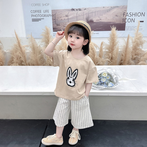 韩版女童夏装儿童短袖t恤阔腿裤棉麻两件套夏季5宝宝时髦洋气套装