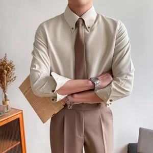 春秋季韩版潮流高级感大尖领衬衫绅士商务正装男修身白色长袖衬衣