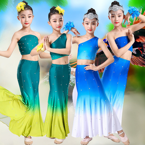 新款傣族儿童演出服装孔雀舞蹈服装女傣族鱼尾裙表演服饰云南民族
