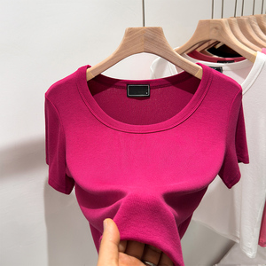 玫粉色上衣女夏季2024新款火龙果色树莓正肩修身高级感U领短袖T恤