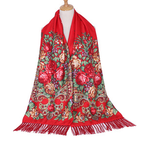 民族风围巾女披肩外搭秋冬季保暖长款红色花棉质围巾印花头巾两用