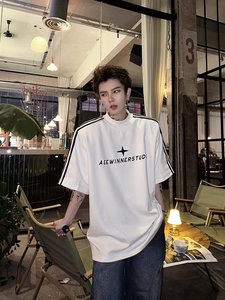 夏季韩版立体绣花高级感短袖T恤男半高领上衣撞色条纹休闲半袖t恤