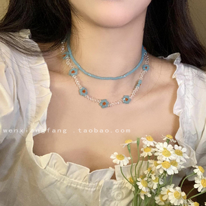 甜美水晶花朵蓝色项链女韩系夏季小清新颈链小众设计锁骨链项饰品