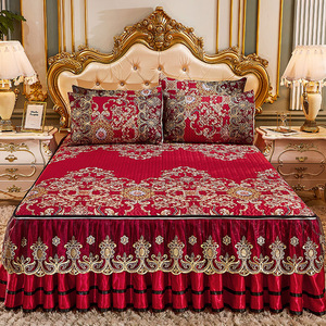 夏季床裙式床罩冰丝凉席三件套婚庆大红蕾丝花边空调软席1.8m床套