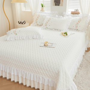 韩式花边纯色夹棉床盖单件白色公主风榻榻米床铺盖三件套四季通用
