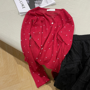 波点红色冰丝针织防晒开衫女夏季2024新款小个子轻薄透气罩衫上衣