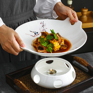 中式花鸟保温陶瓷盘创意中国风意境菜家用双耳菜盘子蜡烛加热明炉