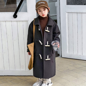 韩国新款100%羊毛儿童双面羊绒大衣男女童装中长款牛角扣毛呢外套