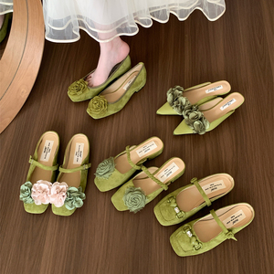 显白色系~复古气质INS花朵包头半拖鞋女夏季国风温柔绒面绿色单鞋