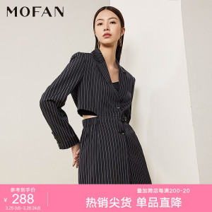 MOFAN摩凡黑色条纹西装外套女春秋款优雅气质小西服设计感上衣