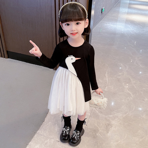 女童春装连衣裙2024春季韩版洋气时髦长袖天鹅网纱裙儿童春款裙子