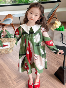 女童春秋季蘑菇连衣裙2024春季新款韩版时尚洋气长裙女孩休闲裙子