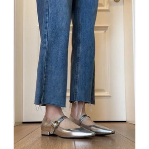 羊皮版~真皮银色复古尖头平底单鞋女2024新款法式小皮鞋玛丽珍鞋