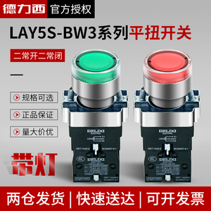 德力西按钮开关LAY5S-BW3 带灯金属型带灯平按钮 2常开2常闭 220V