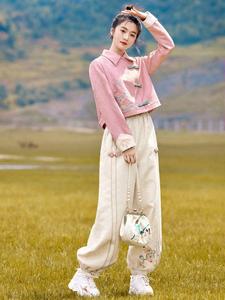 新中式民族风刺绣时尚套装女春装国风防复古改良休闲哈伦裤两件套