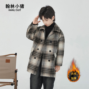 男童加厚羊毛呢子大衣2023秋冬新款中长韩版男孩格子外套儿童风衣