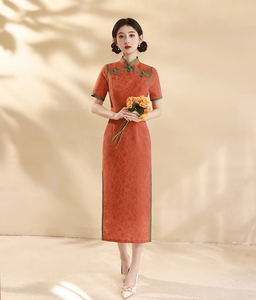 夏季短袖旗袍修身橙红色复古中式高端连衣裙妈妈装显年轻迎考旗袍