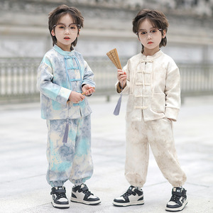 男童春秋装儿童汉服唐装白色童装长袖中国风民族风冰丝新中式华服